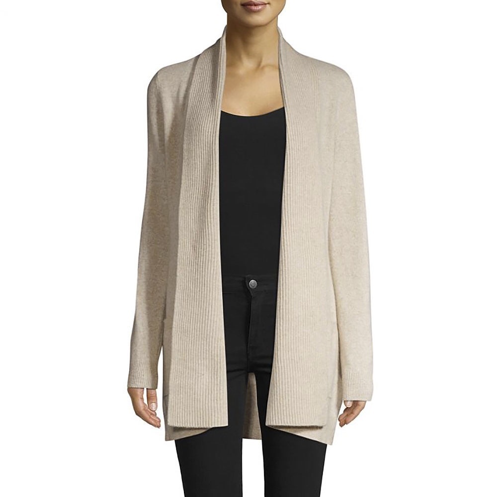 Open front cashmere cardigan in stone